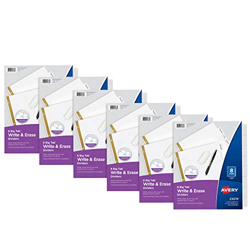 Avery Big Tab Write & Erase Paper Dividers with Gold Reinforcement, 8-Tab Set, White, 6 Sets (21213)