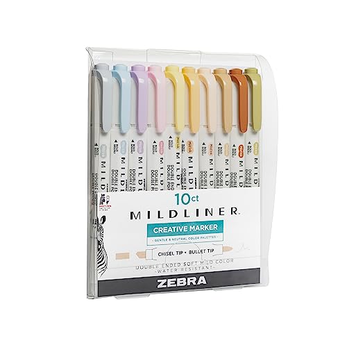 Zebra Pen Mildliner Double Ended Highlighter Set, Chisel and Bullet Point Tips, Assorted Neutral and Gentle Ink Colors, 10-Pack (78701