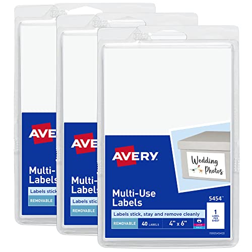 Avery Removable Labels, 4" x 6" Blank Labels, Laser/Inkjet Printable Labels, 40 Labels per Pack, 3 Packs, 120 Total Labels (5454