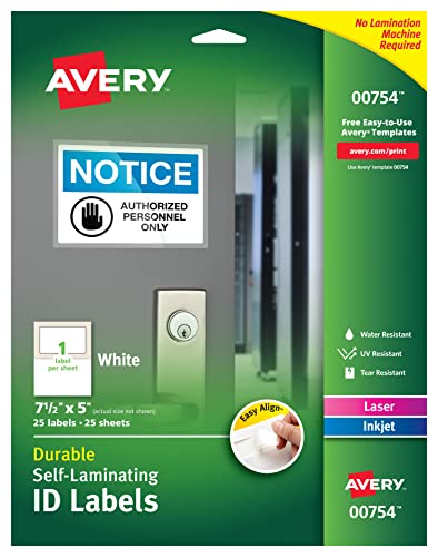 Avery 00754 Easy Align Self-Laminating ID Labels Laser/Inkjet 5 x 7 1/2 White (Pack of 25)