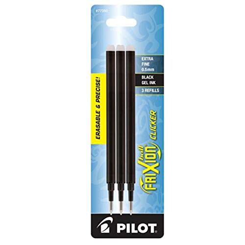 Pilot FriXion Ball Clicker Erasable Gel Ink Refills, Extra Fine Point, 0.5mm, Black Ink, 3 Pack