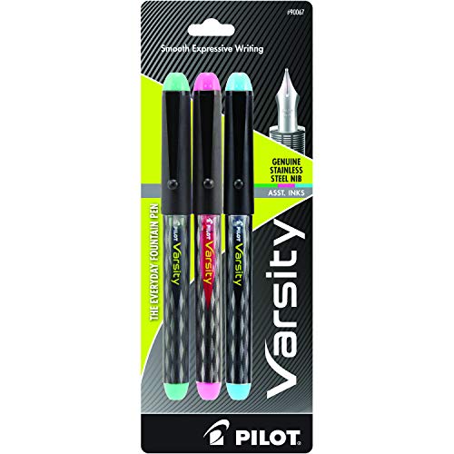 PILOT Varsity Pre-Filled Fountain Pens Medium Point Stainless Steel Nib Green/Pink/Turquoise Inks 3-Pack (90067)
