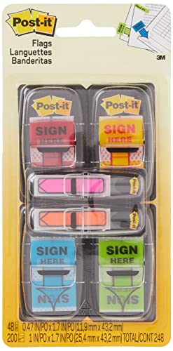 Post-it Message "Sign Here" Flags Value Pack, 50/Dispenser, 4 Dispensers/Pack, 1 in Wide, Assorted Colors, Includes 48 FREE Arrow Flags (680-SH4VA)