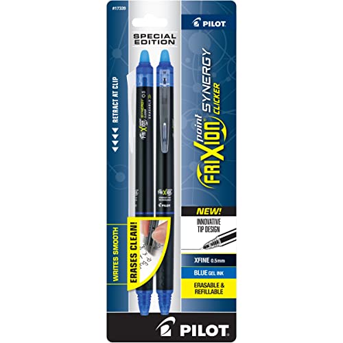 Pilot FriXion Synergy Clicker Erasable Retractable & Refillable Gel Pens, 0.5mm Extra-Fine Point, Black Barrel, Blue Ink, 2 Pens