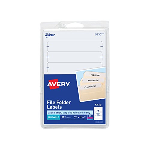 '''Avery File Folder Labels on 4'''' x 6'''' Sheets\ Removable Adhesive\ White\ 2/3'''' x 3-7/16''''\ 252 Labels (5230)'''