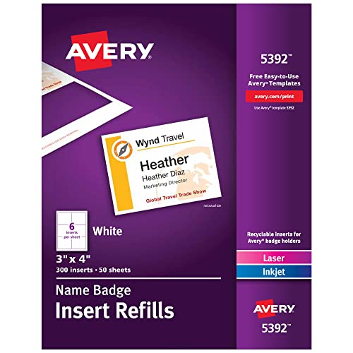 Avery Name Badge Inserts\ Print or Write\ 3 x 4 Inch\ 300 Card Stock Refills (5392)\ White