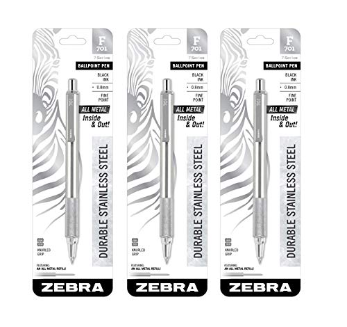 3 - Zebra F-701 Ballpoint Pens\ Stainless Steel with Knurled Grip\ Pk of 3 Pens