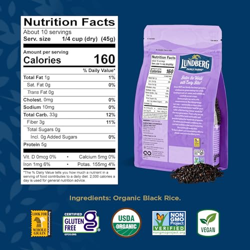 Lundberg Organic Rice, Black Pearl - Whole Grain Gourmet Black Rice for Healthy Meals, Vegan Food, Certified Gluten-Free Rice, Pantry Staples, 16 Oz