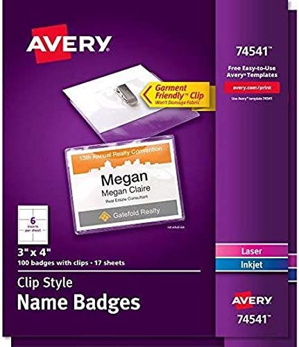'''Avery Top-Loading Garment-Friendly Clip-Style Name Badges\ 3'''' x 4''''\ 100 Badges(74541)'''