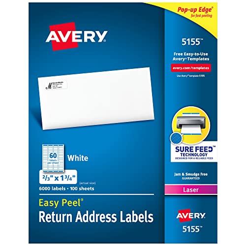 Avery Return Address Labels Laser Printers 6000 Labels 2/3 x 1-3/4 Permanent Adhesive 5 Packs (5155)
