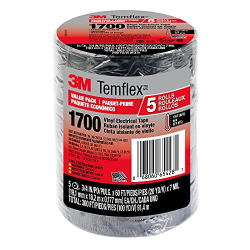 3M Temflex General-Purpose Vinyl Electrical Tape (1700 / 1700C): 3/4 in. x 60 ft. (Black) / 5-Pack