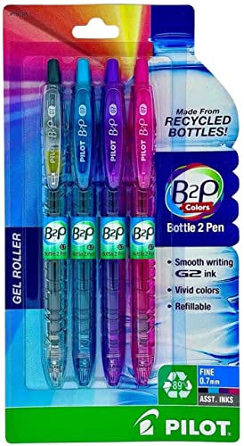 PILOT B2P Colors (New 2020! in retail packaging) - Bottle to Pen Refillable & Retractable Rolling Ball Gel Pen Made From Recycled Bottles, Fine Point, Color G2 Inks, 4-Pack
