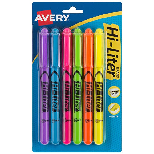 Avery Hi-Liter Pen-Style Highlighters, Smear Safe Ink, Chisel Tip, 6 Assorted Color Highlighters, 6 Packs (23585)