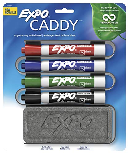 EXPO 1785294 Low-Odor Dry Erase Set\ Chisel Tip\ Assorted Colors\ 5-Piece with Recycled Material Marker Caddy