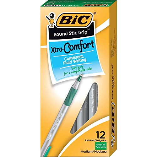 BIC : Ultra Round Stic Grip Pen, Translucent Barrel, Green Ink, Medium Pt, 1.2 mm -:- Sold as Dozen