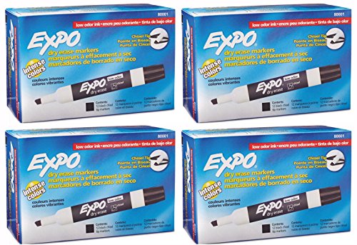 Expo 80001 Low Odor Chisel Point Dry Erase Markers Black 12 Units per Box Pack of 4 Boxes 48 Markers Total