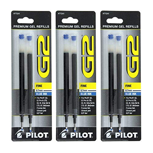 Pilot G2, Dr. Grip Gel/Ltd, ExecuGel G6, Q7 Rollerball Gel Ink Pen Refills Blue .7 mm 3 Pack