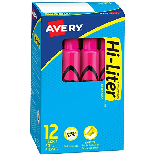 Avery Hi-Liter Desk-Style Highlighters Smear Safe Ink Chisel Tip 12 Fluorescent Pink Highlighters (24010)