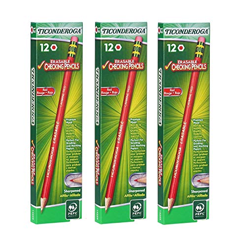 3 X Ticonderoga Erasable Checking Pencils, Eraser Tipped, Pre-Sharpened, Set of 12, Carmine Red (14259)