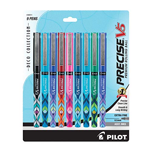 PILOT, Precise V5 Deco Collection, Capped Liquid Ink Rolling Ball Pens, Extra Fine Point 0.5 mm, Assorted Colors, Pack of 9