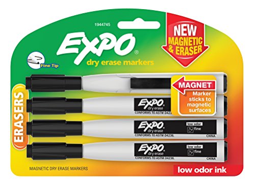 EXPO 1944745 Magnetic Dry Erase Markers with Eraser\ Fine Tip\ Black\ 4-Count
