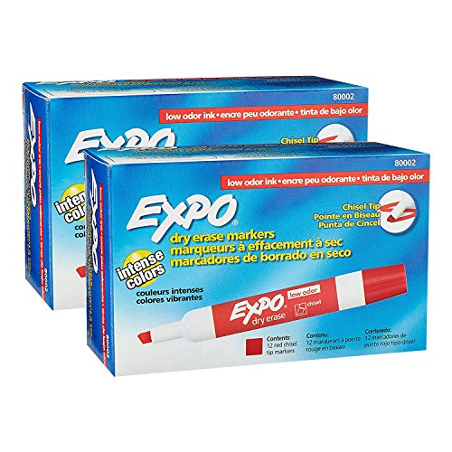 Expo 80002 Low Odor Dry Erase Markers\ Chisel Tip\ Red Color\ 2 Sets with 12 Markers\ Total of 24 Markers