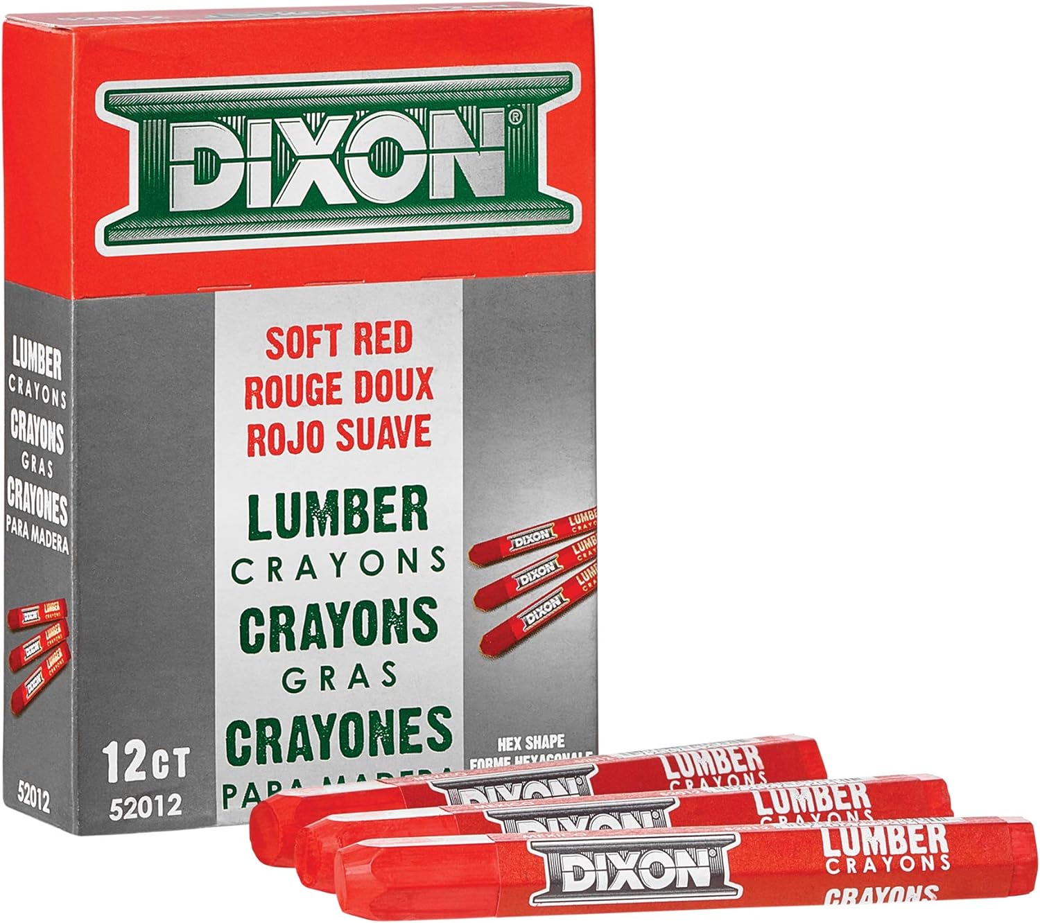 Dixon Industrial Lumber Marking Crayons, 4.5" x 1/2" Hex, Soft-Red, 12-Pack (52012)