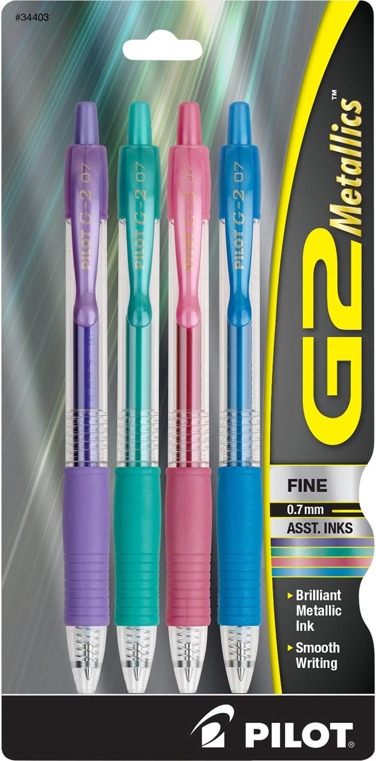 Pilot, G2 Metallics Gel Roller Pens, Fine Point 0.7 mm, Assorted Colors, Pack of 4