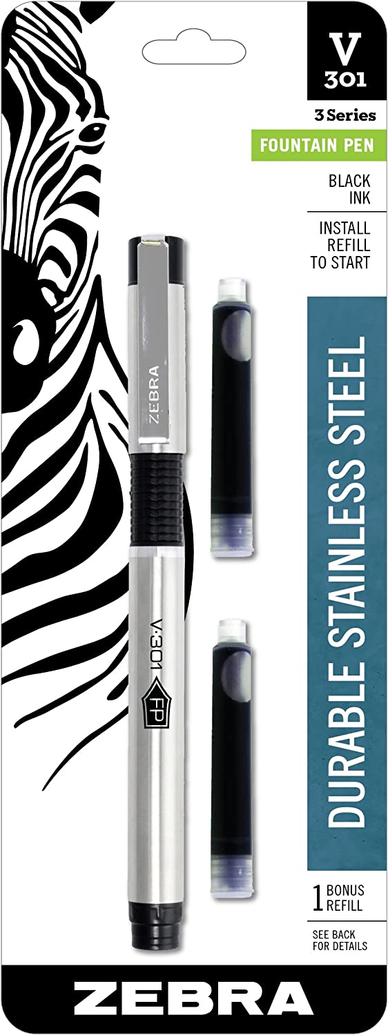 Zebra Pen V-301 Fountain Pen, Stainless Steel Barrel, Fine Point, 0.7mm, Black Ink, 1-Pack with Refill