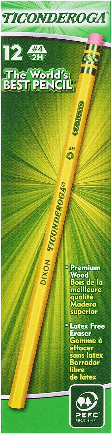 Ticonderoga Wood-Cased Pencils, Unsharpened, 4 2H Extra Hard, Yellow, 12 Count