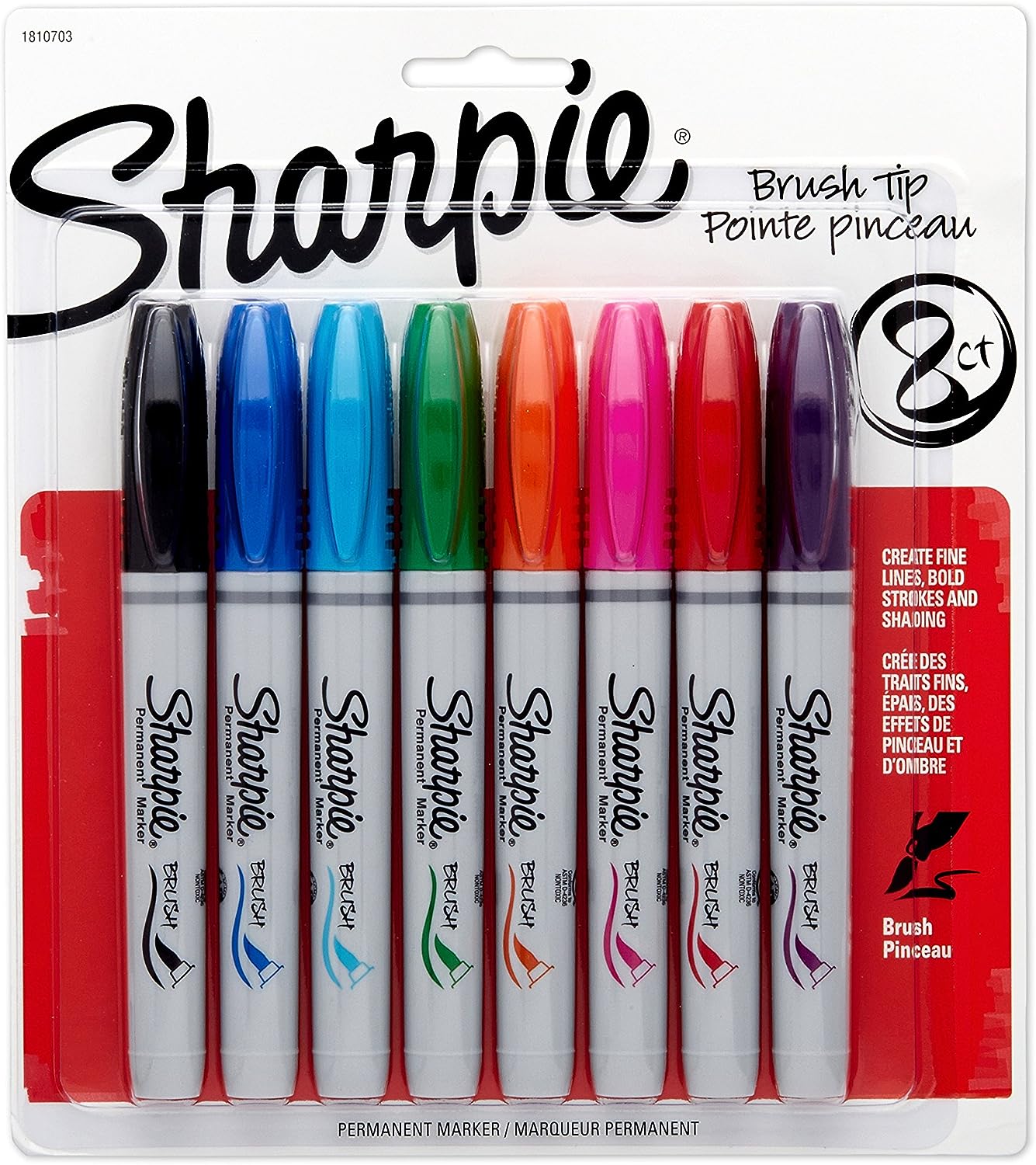 SHARPIE Brush Tip Permanent Markers, 8 Colored Markers (1810703)
