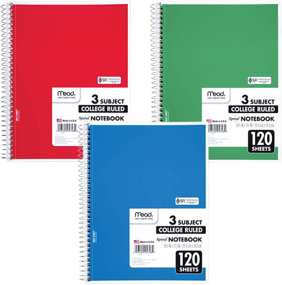 Mead Spiral Notebook 3 Subject College Ruled Paper(05748) 120 Sheets 10-1/2" x 8" Assorted Color - 1 Count