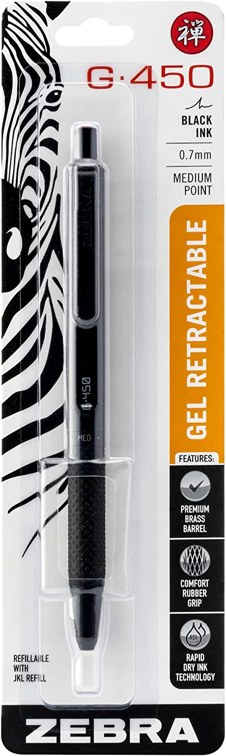 Zebra Pen G-450 Retractable Gel Pen\ Black Brass Barrel\ Medium Point\ 0.7mm\ Black Ink\ 1-Pack (49511)