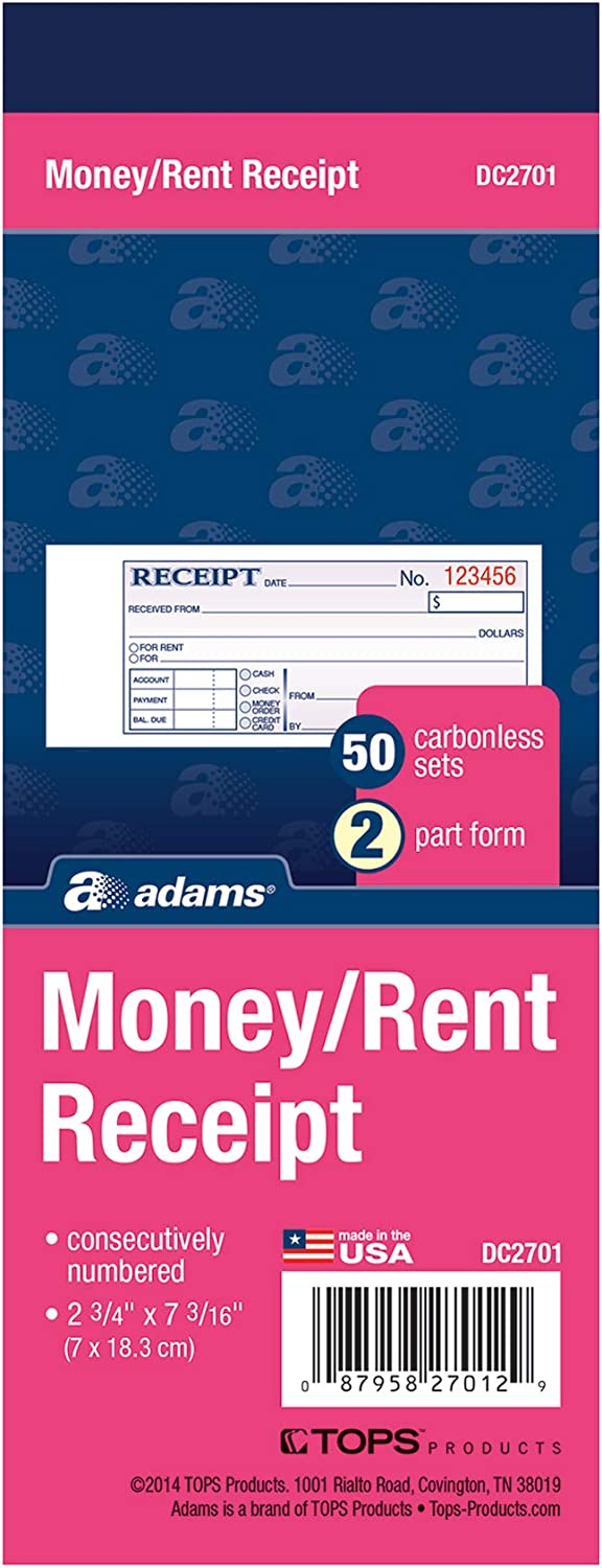 Adams Money and Rent Receipt Book\ 2-Part\ Carbonless\ 2.75 x 7.19 Inch\ 50 Sets\ White and Canary (DC2701)