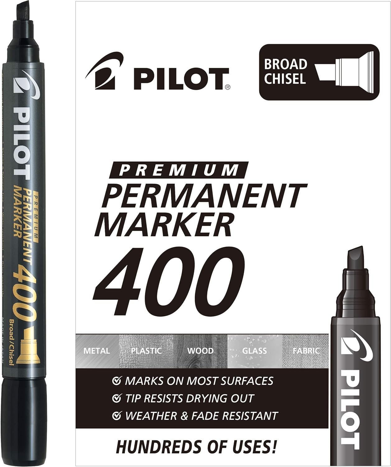 PILOT Premium 400 Permanent Markers, Broad Point Chisel Tip, Black Ink, Box of 12 (SA4-BLK)