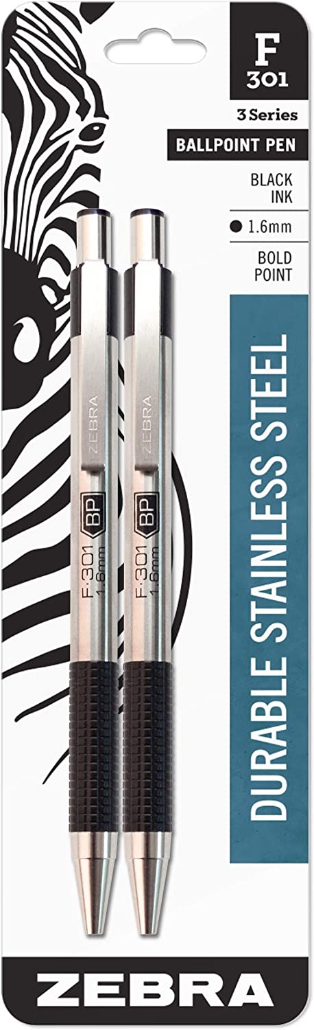 Zebra Pen F-301 Retractable Ballpoint Pen\ Stainless Steel Barrel\ Bold Point\ 1.6mm\ Black Ink\ 2-Pack