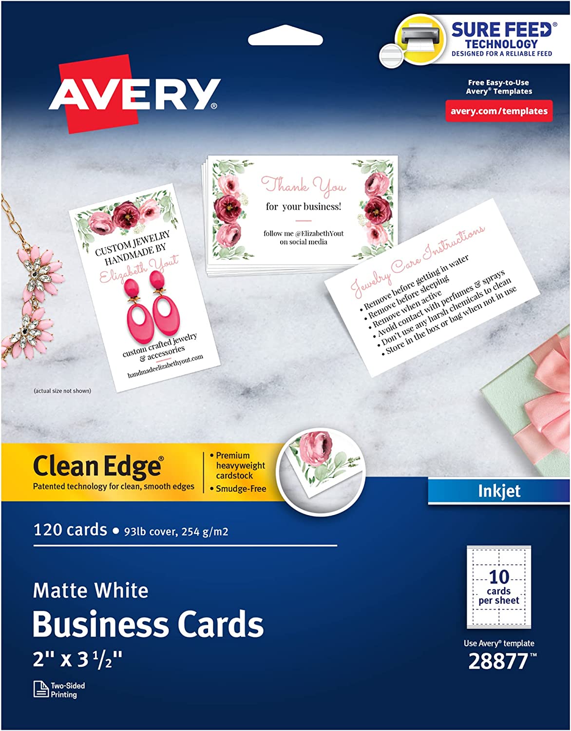 Avery Two-Side Printable Clean Edge Business Cards for Inkjet Printers\ White\ Matte\ Pack of 120 (28877)