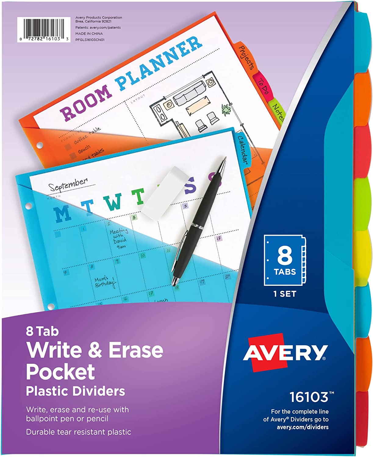 Avery Write & Erase Durable Plastic Dividers with Pockets\ 8-Tab Set\ Brights (16103)