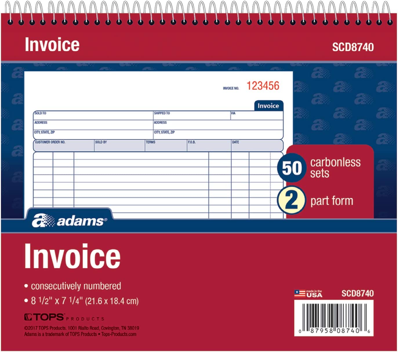 Adams Spiral Invoice Book\ 8 1/2 x 7 1/4 Inches\ 2-Part\ Carbonless\ White/Canary\ 50 Sets per Book (SCD8740)