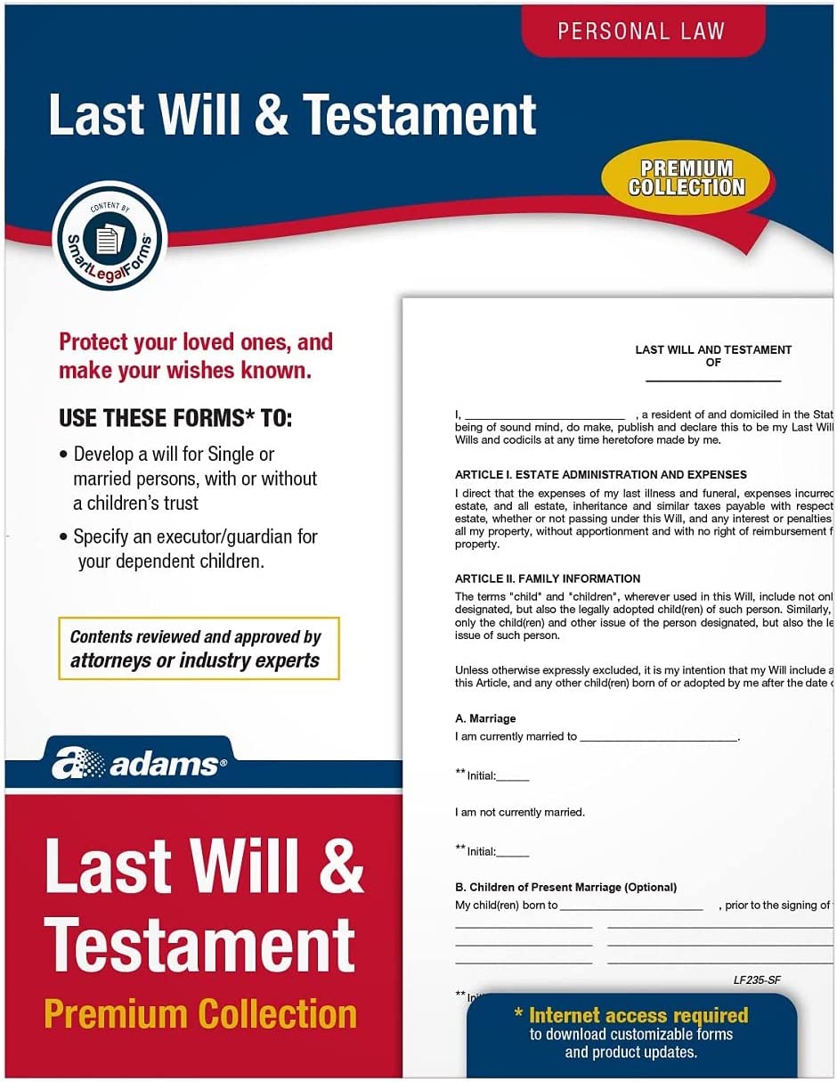 Adams Last Will and Testament\ Forms and Instructions\ Downloadable Product Details on Packaging\ USA Only (LF235)