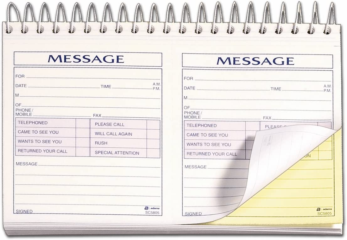 Adams Phone Message Book\ 8.5 x 5.25 Inch\ Spiral Bound\ 2-Part\ Carbonless\ 2 Messages per Page\ 200 Sets\ White and Canary (SC5805D)