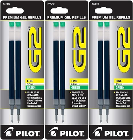 Pilot G2 Gel Ink Pen Refills, Fine Point, 0.7mm, Green Ink, 6 Refills
