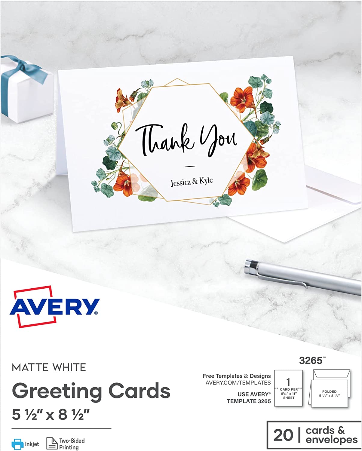 Avery Printable Greeting Cards Half-Fold 5.5" x 8.5" Matte White 20 Blank Cards with Envelopes (3265)