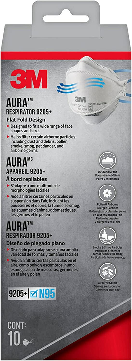 3M Aura Particulate Respirator 9205+ N95\ Lightweight\ Three Panel Designed Respirator Helps Provide Comfortable And Convenient Respiratory Protection\ 10-Pack