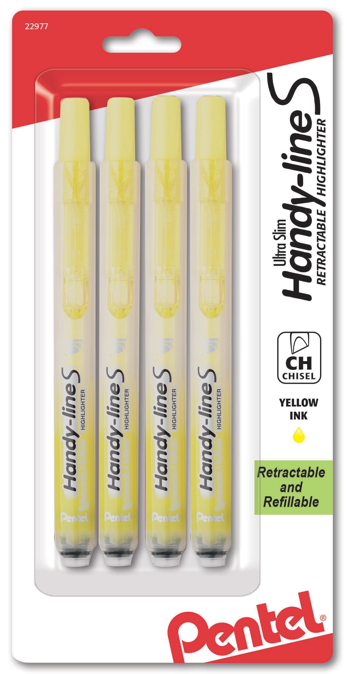 Pentel Handyline S Retractable Highlighter, Chisel Tip, Yellow Ink, 4