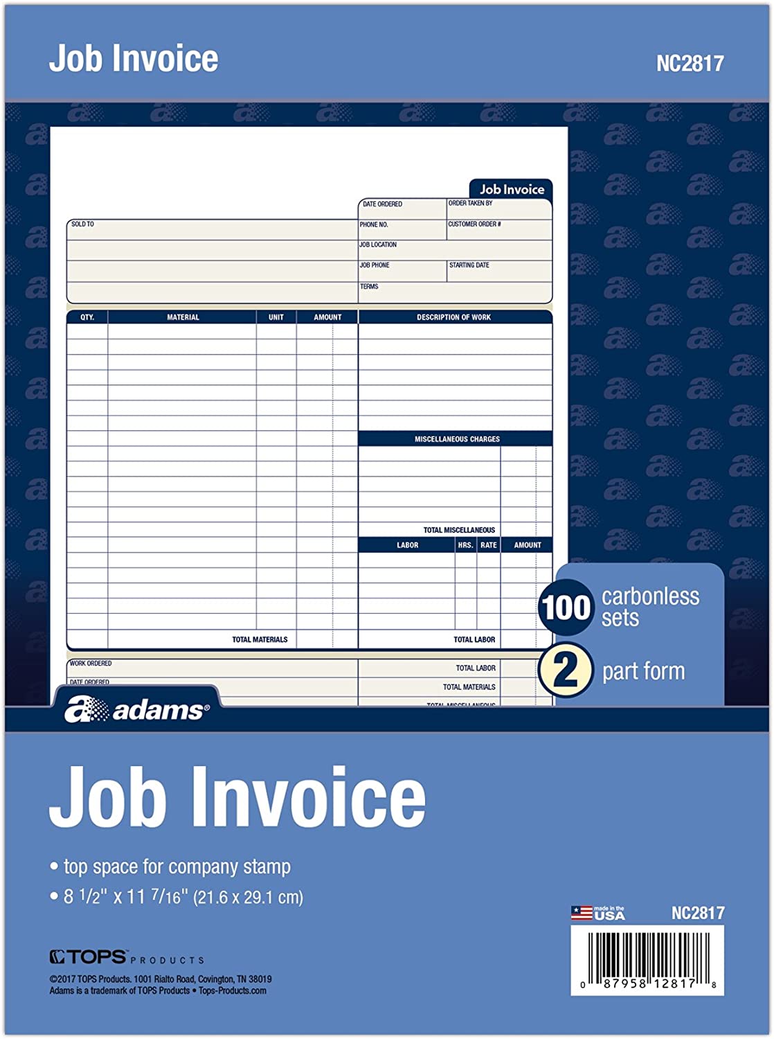 Adams Job Invoice Forms\ 2-Part Carbonless\ For Service and Repair Billing\ 100 Individual Sets Per Pack (NC2817)\ White\ 8-1/2 x 11Inches