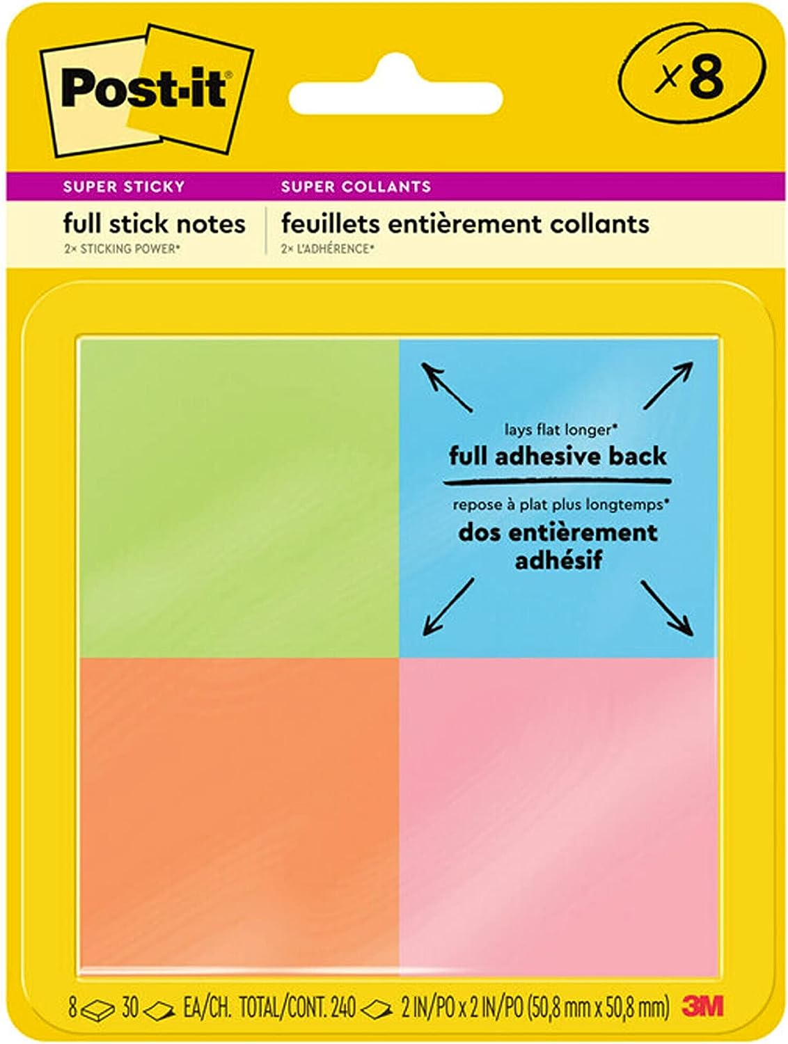 Postit Super Sticky Full Stick Notes, 2x2 in, 8 Pads, 2x the Sticking