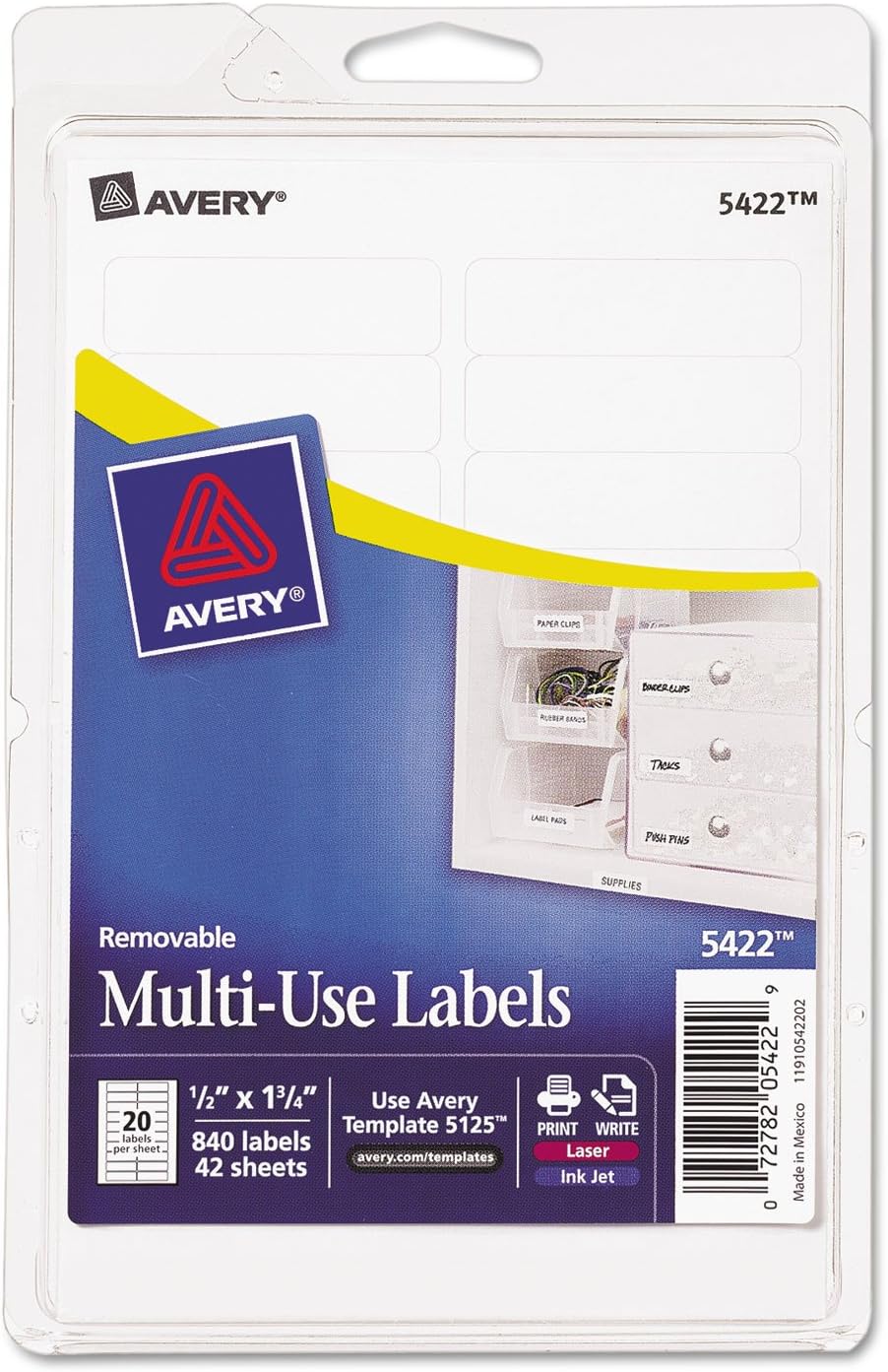 Avery 05422 Removable Multi-Use Labels, 1/2-Inch X 1-3/4-Inch, White, 840 Labels/Pack