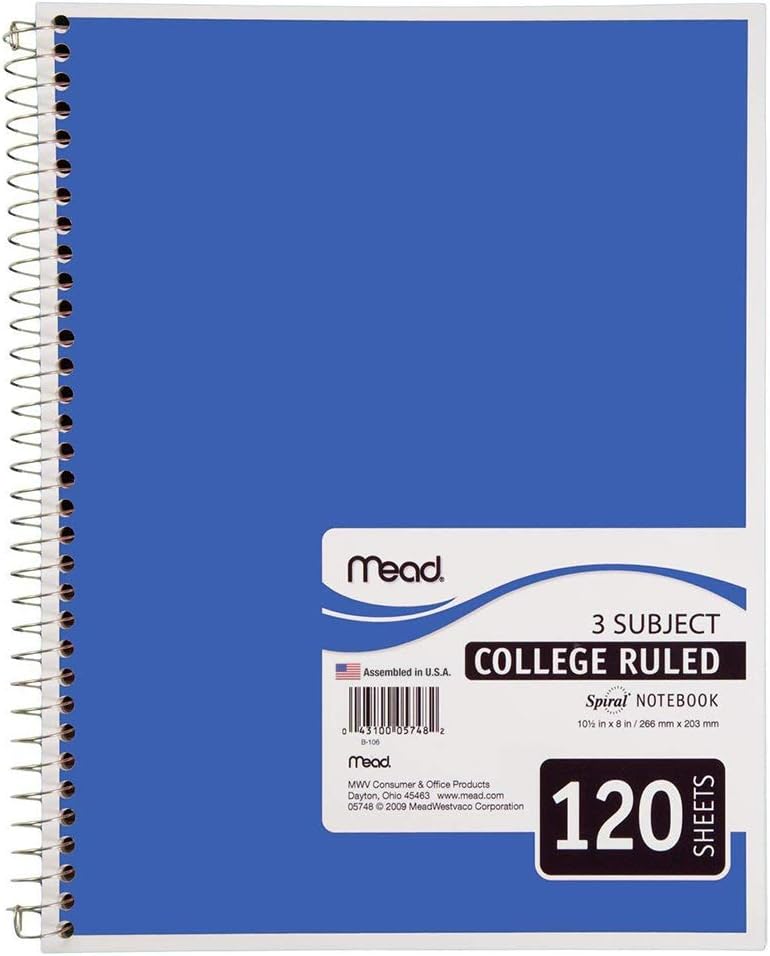 Mead Spiral Notebook, 3-Subject, 120-Count, College Ruled, Blue (05748)