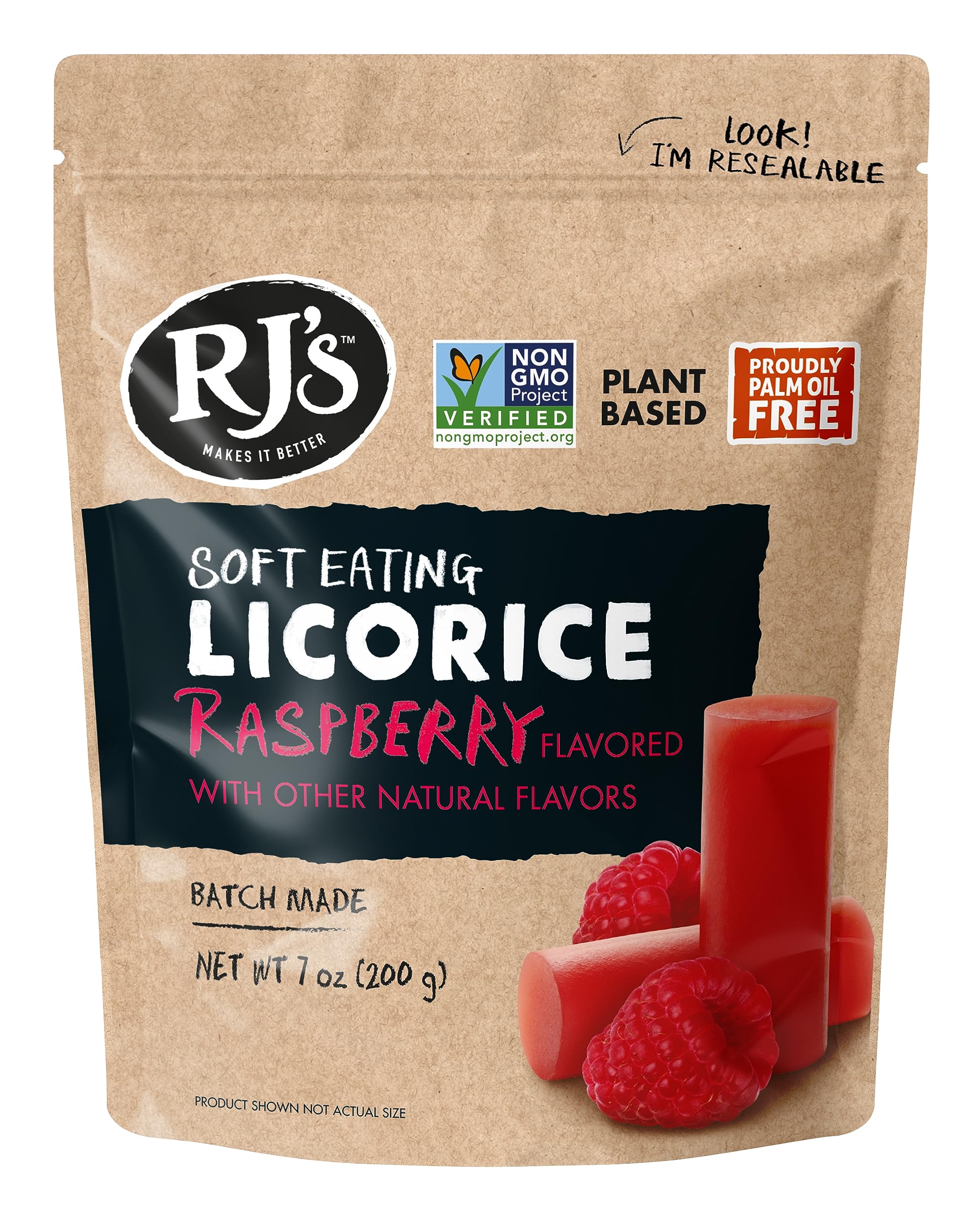 RJ's Soft Australian Licorice, Natural Raspberry Flavor, Resealable Bag, 7.05 Ounce (1-Pack) | Non-GMO, No Palm Oil, Plant Based | Soft & Chewy Licorice Candy, Batch Made in Australia